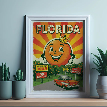 Florida orange character poster with vintage car and "Visit Florida" text.