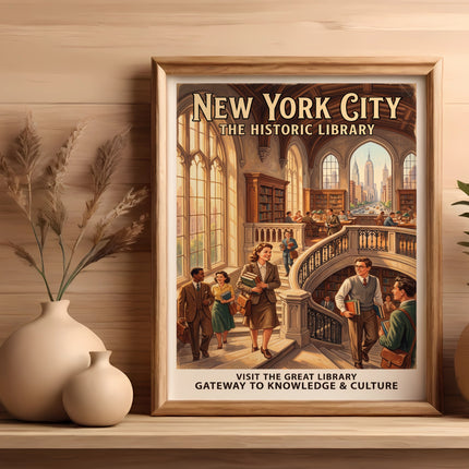 New York City Historic Library poster with people, books, and text.