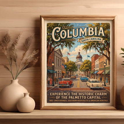 Framed poster of Columbia, South Carolina, with vintage cars and buildings.