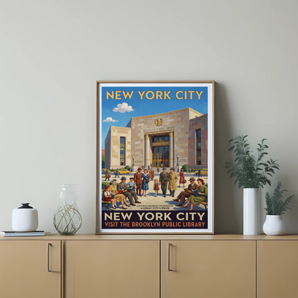 New York City Brooklyn Public Library vintage travel poster.
