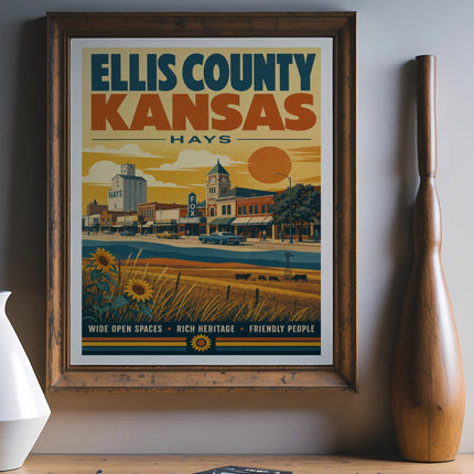 Retro poster for Ellis County, Kansas, featuring a sunny town scene with sunflowers.