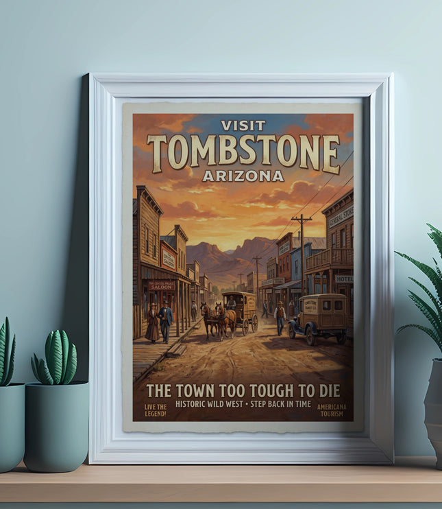 Visit Tombstone Arizona poster with a vintage western street scene.