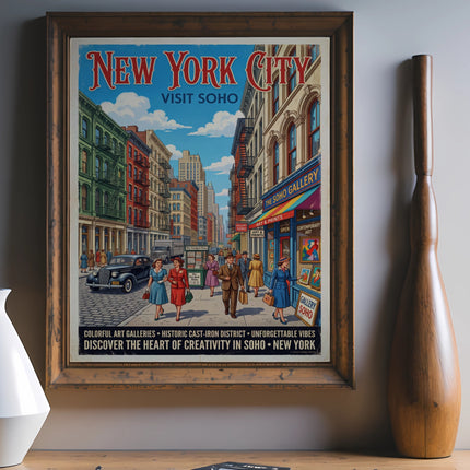 Vintage New York City Visit Soho poster with colorful street scene and text.