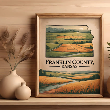Framed map illustration of Franklin County, Kansas landscape with fields and river.
