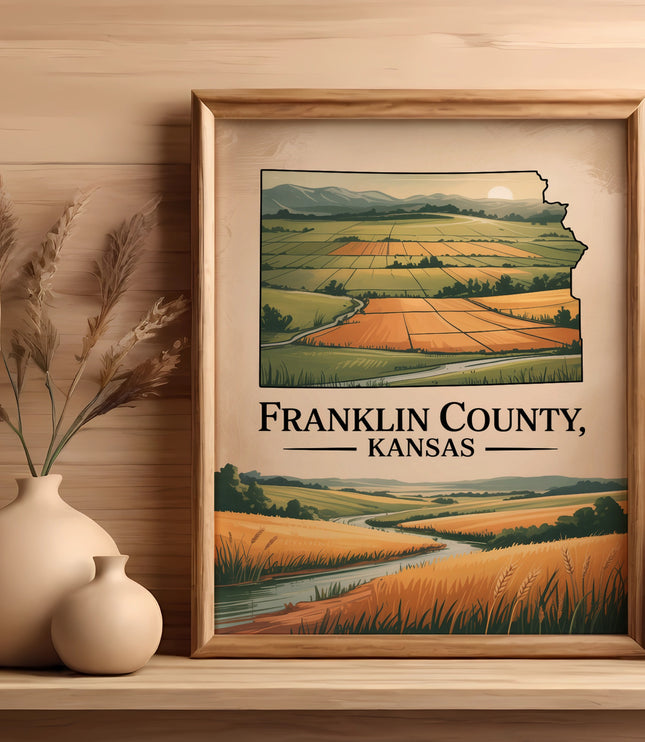 Framed map illustration of Franklin County, Kansas landscape with fields and river.