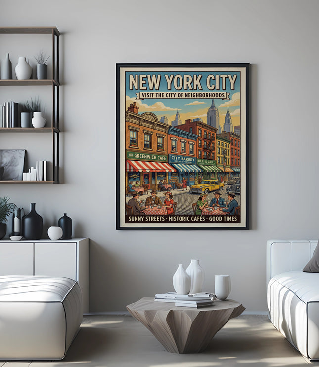 New York City poster with "The Greenwich Cafe" and "City Bakery" text.