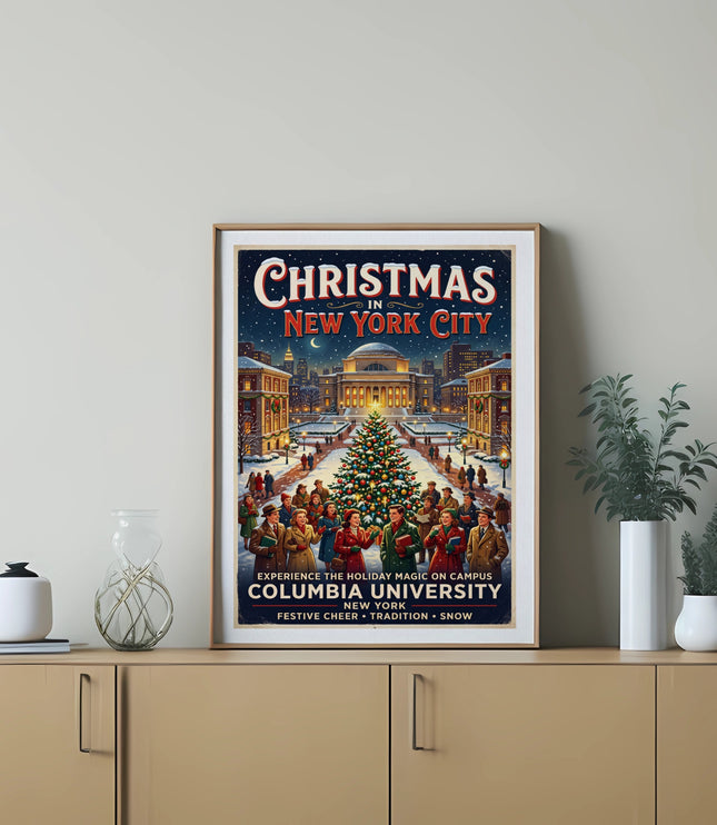 Christmas in New York City poster featuring Columbia University campus, Christmas tree, and people.