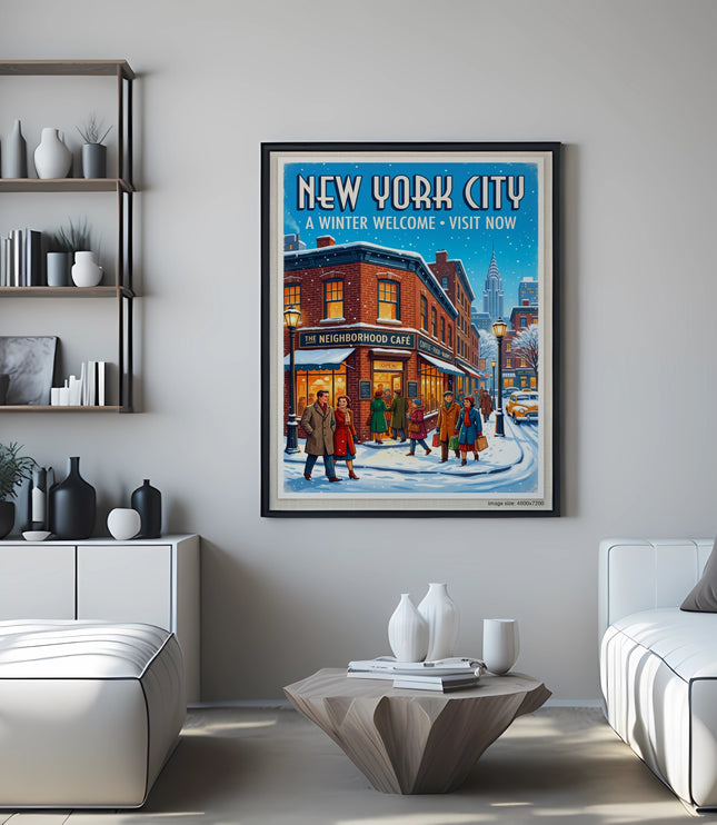 New York City winter scene poster with "The Neighborhood Cafe" and Empire State Building.