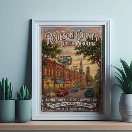Vintage-style Robeson County, North Carolina poster depicting historic downtown Lumberton.