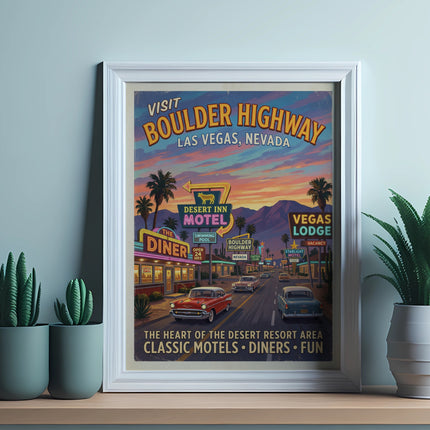 Vintage Boulder Highway Las Vegas travel poster with motels and diners.