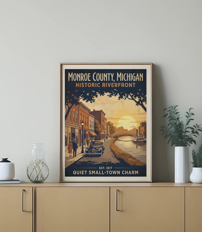 Monroe County, Michigan Historic Riverfront poster with a vintage street and river scene.