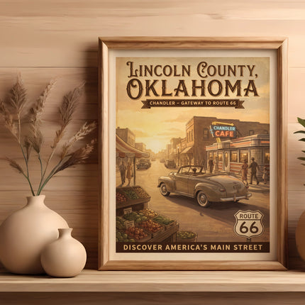 Vintage poster of Chandler, Oklahoma, gateway to Route 66, featuring a cafe and classic car.