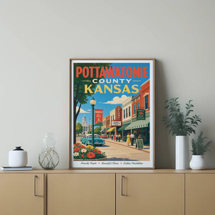 Pottawatomie County, Kansas poster with vintage street scene and text.