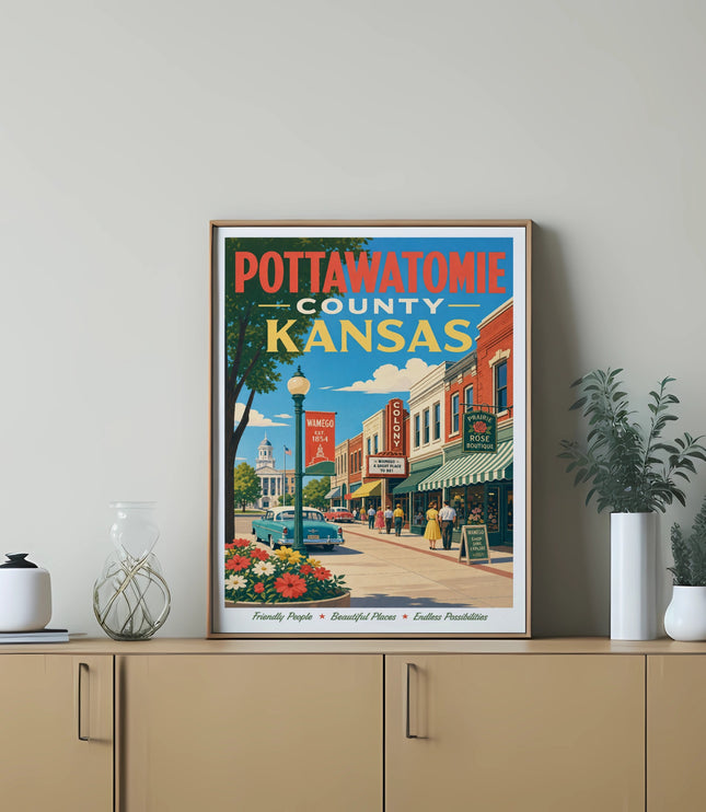 Pottawatomie County, Kansas poster with vintage street scene and text.
