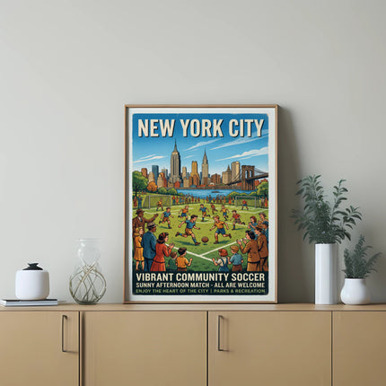 New York City vibrant community soccer match poster with text.