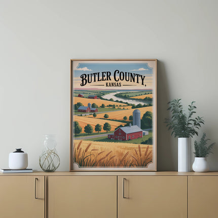 Butler County, Kansas landscape with farm, fields, and river.