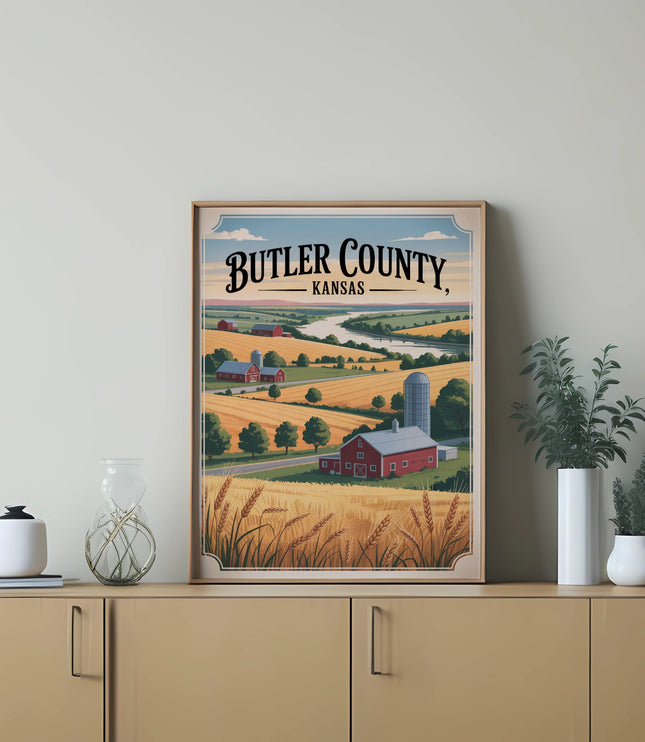 Butler County, Kansas landscape with farm, fields, and river.