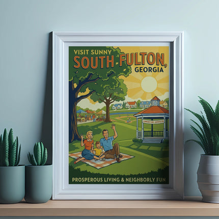 Vintage "Visit Sunny South Fulton, Georgia" poster with family enjoying a park.