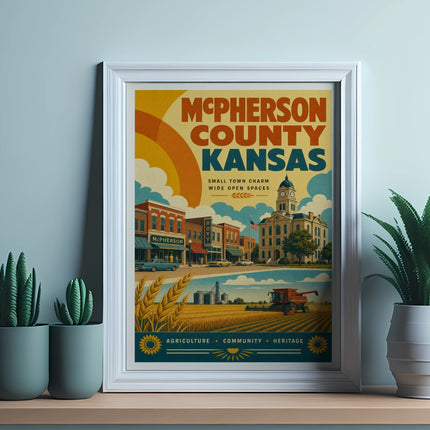 McPherson County Kansas town charm poster with harvest imagery.