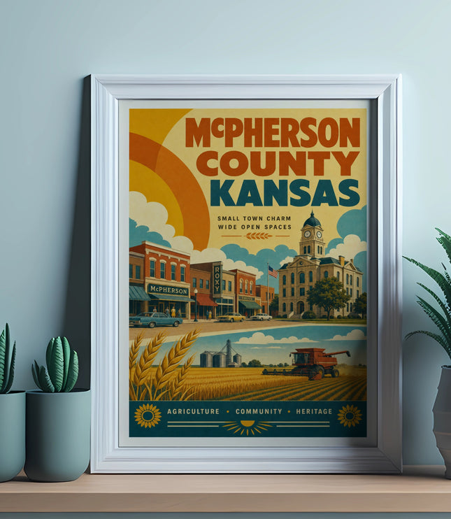 McPherson County Kansas town charm poster with harvest imagery.