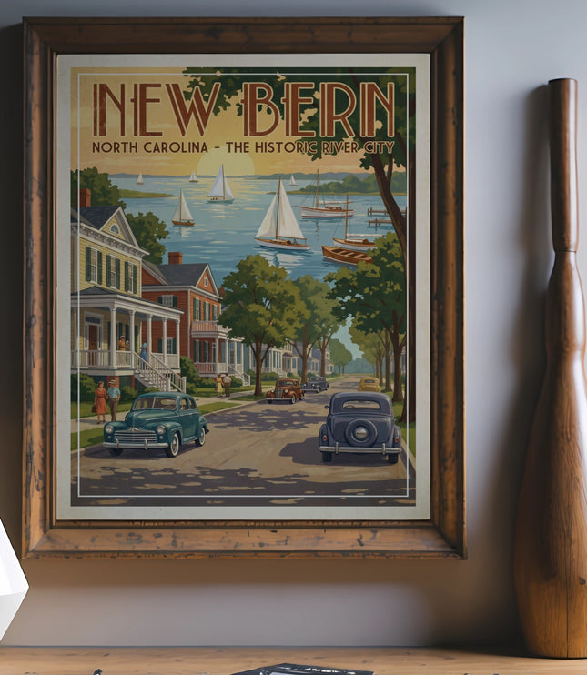 Vintage New Bern, North Carolina poster with sailboats and historic river city scene.