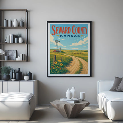 Vintage poster of Seward County, Kansas with windmill, farm, and sunflowers.