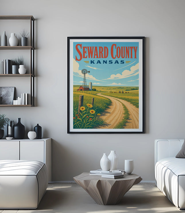 Vintage poster of Seward County, Kansas with windmill, farm, and sunflowers.