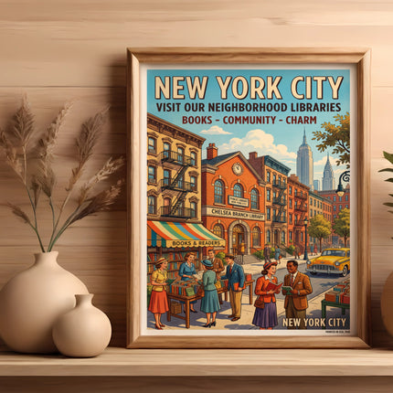 Vintage New York City poster with Chelsea Branch Library, books, and charming street scene.