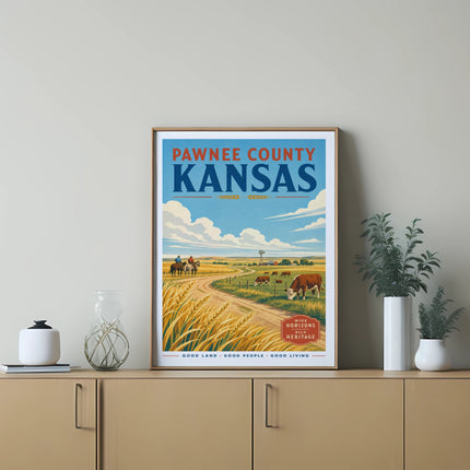 Vintage Pawnee County Kansas travel poster with wheat fields and cows.
