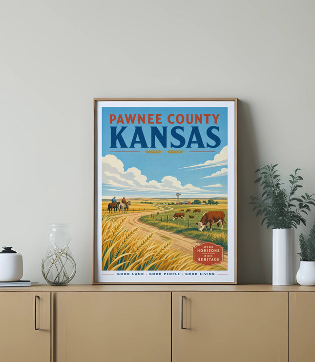 Vintage Pawnee County Kansas travel poster with wheat fields and cows.