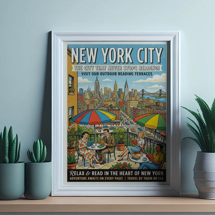 New York City poster: relax and read with skyline and cityscape illustrations.