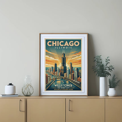 Framed Chicago Illinois skyline art print with Willis Tower at golden hour.