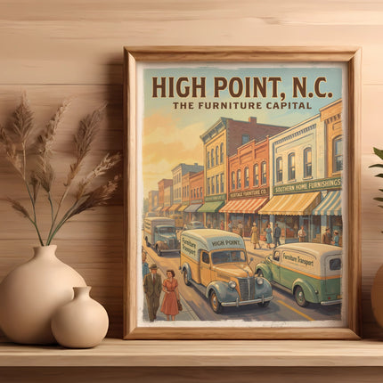 Vintage poster of High Point, N.C. furniture transport trucks on a street.