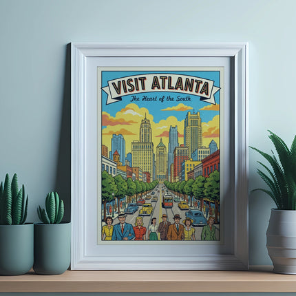 Framed "Visit Atlanta The Heart of the South" poster with cityscape and people.