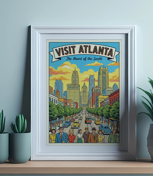 Framed "Visit Atlanta The Heart of the South" poster with cityscape and people.