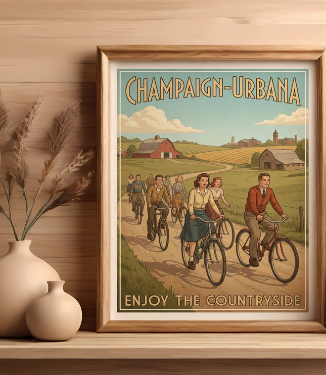 Champaign-Urbana vintage poster of people cycling past farms, "Enjoy the Countryside."