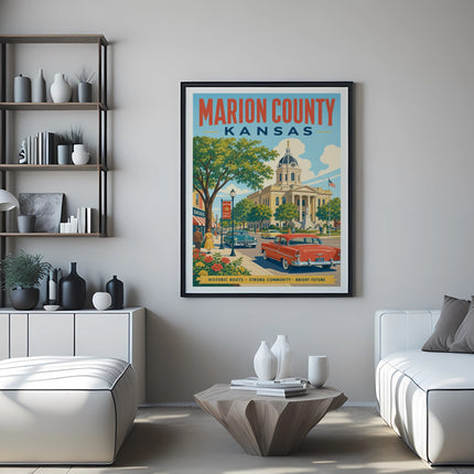 Marion County Kansas travel poster with vintage car and historic buildings.