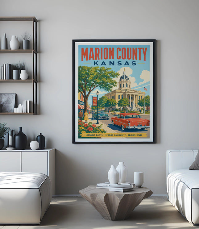 Marion County Kansas travel poster with vintage car and historic buildings.