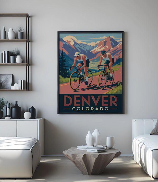 Two cyclists ride a mountain path with Denver cityscape below.