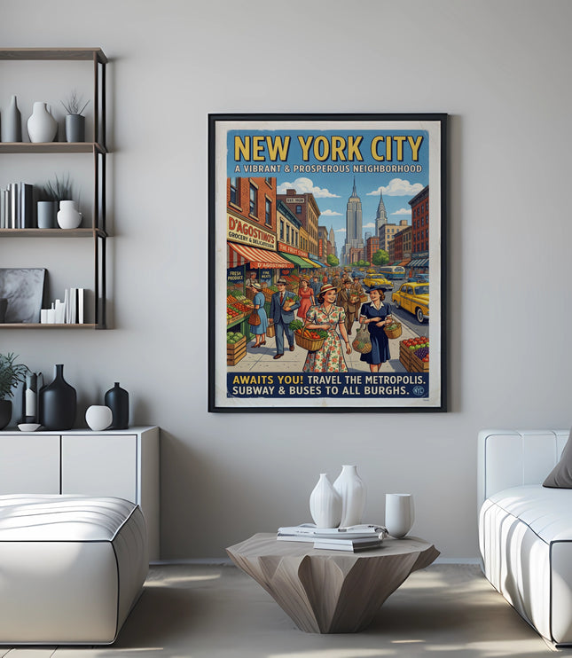 New York City vintage poster depicting a street scene with Empire State Building.