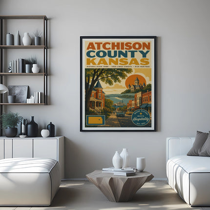 Atchison County, Kansas vintage travel poster with historic town and river scene.