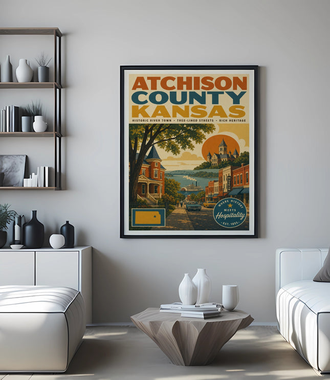 Atchison County, Kansas vintage travel poster with historic town and river scene.