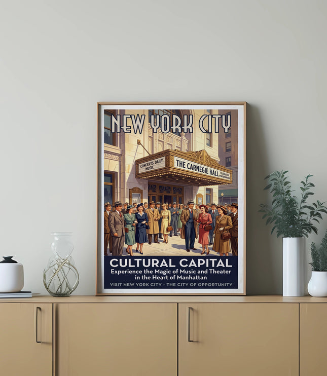 New York City poster featuring Carnegie Hall and crowd, "Cultural Capital."