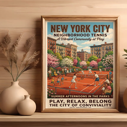 New York City Neighborhood Tennis poster with park scene and text.