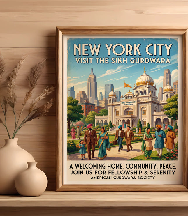 New York City Sikh Gurdwara poster with families and city skyline.