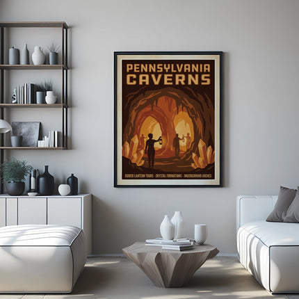Vintage Pennsylvania Caverns poster showing two people exploring illuminated caverns.