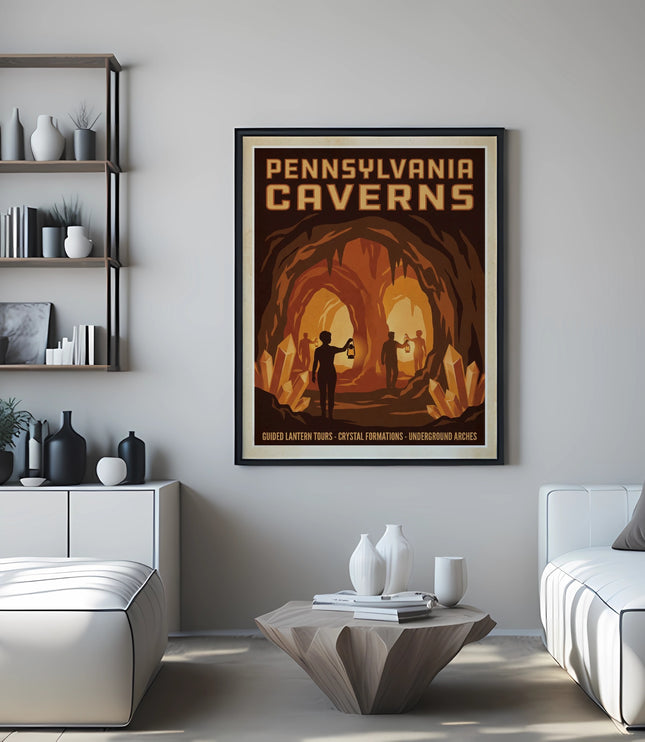 Vintage Pennsylvania Caverns poster showing two people exploring illuminated caverns.