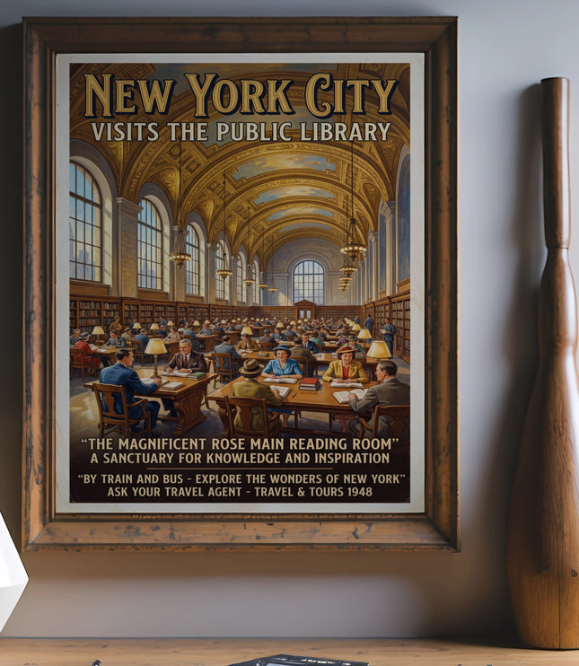 Vintage poster: New York City Visits the Public Library, 1948 travel ad.