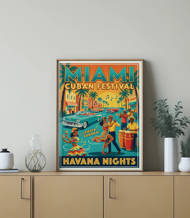 Miami Cuban Festival Havana Nights poster with dancers, musicians, and vintage car.