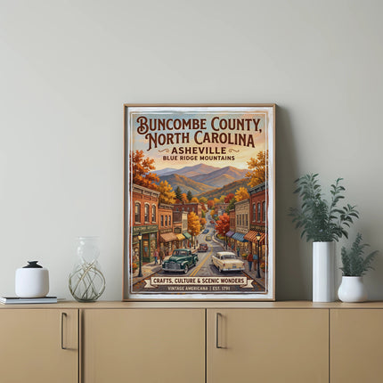 Buncombe County, North Carolina vintage art print with Asheville town scene.